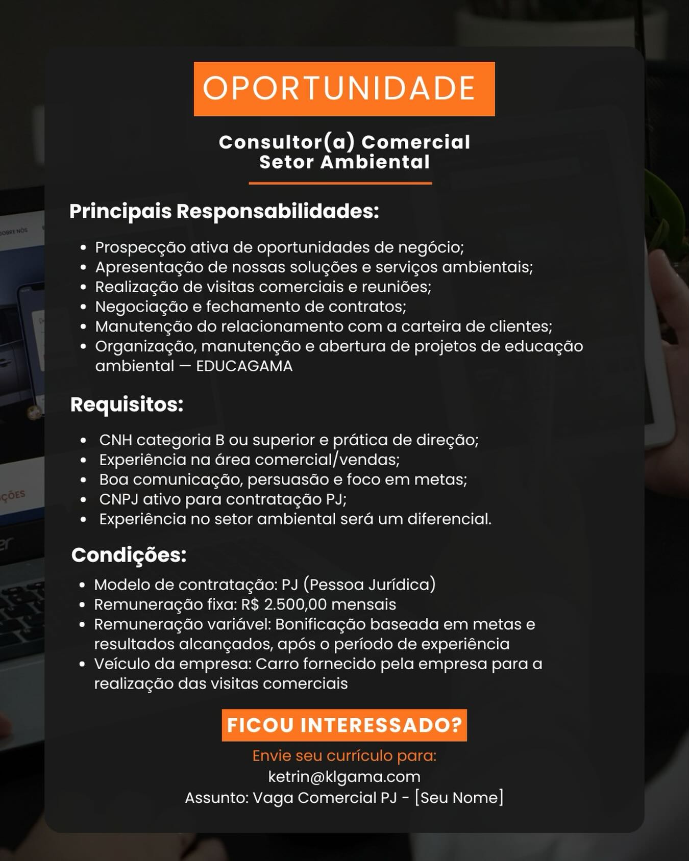 Estamos contratando!
A KL GAMA está em busca de um(a) Consultor(a) Comercial — Setor Ambiental com perfil proativo, comunicativo e foco em resultados.
Requisitos: CNH B, experiência comercial, prática de direção e CNPJ ativo para contratação PJ.
Envie seu currículo para:
ketrin@klgama.com
Assunto: Vaga Comercial PJ - [Seu Nome]
#criciumaeregião #trabalheconosco #vagacomercial #setorambiental