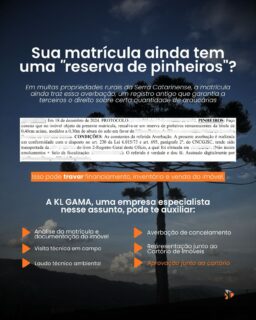 Você sabia que existe um serviço para cancelar “reserva de pinheiros” na matrícula do seu imóvel? 🌲📄
A KL GAMA é especialista nesse tipo de regularização e conduz todo o processo técnico até o cancelamento da averbação junto ao Registro de Imóveis.
Proprietário rural em São Joaquim e região? Vale checar se sua matrícula tem essa restrição.
📩 Fale com a gente.
#sãojoaquimsc #serracatarinense #araucaria