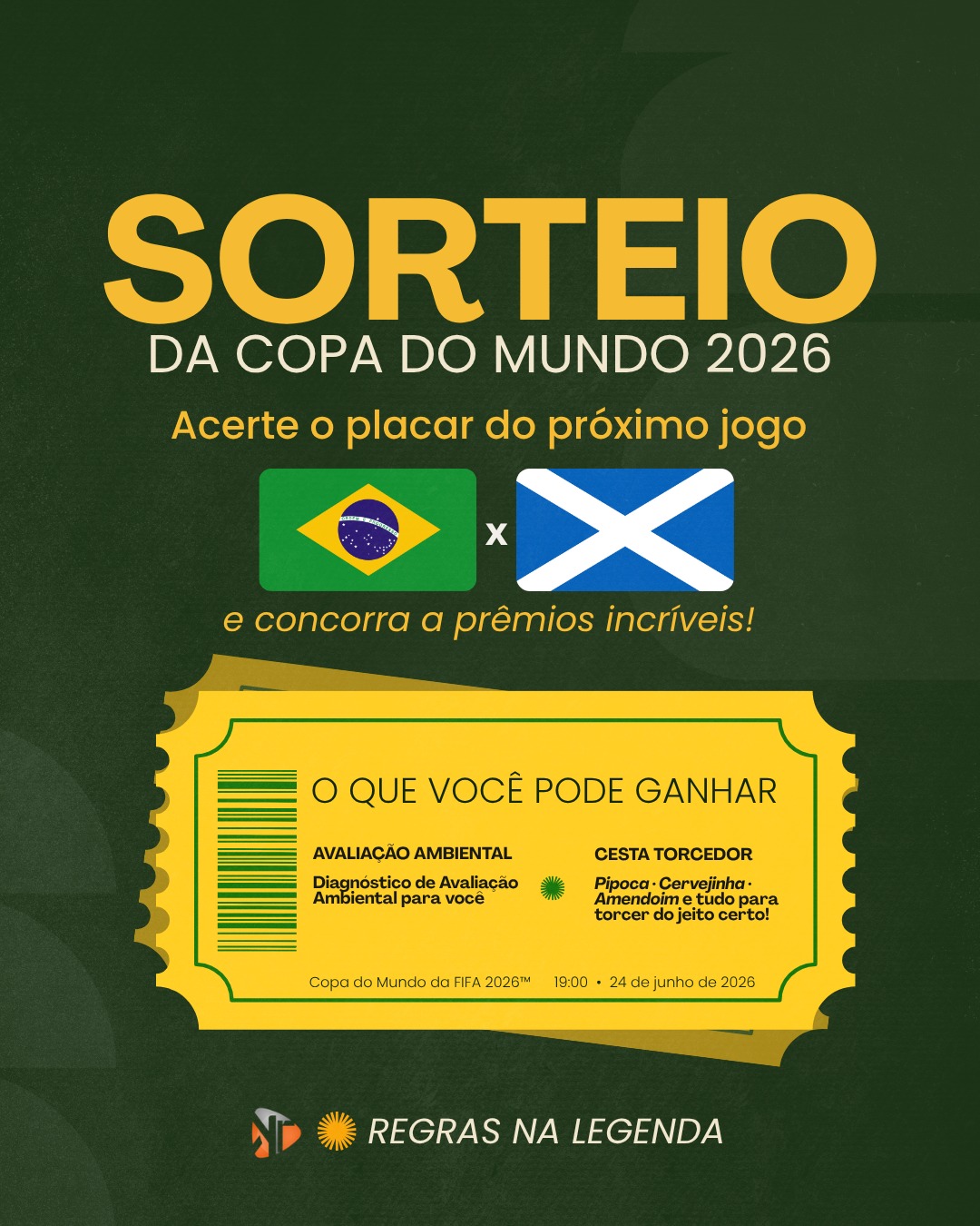 SORTEIO DA COPA DO MUNDO 2026!
O Brasil joga na terça-feira (24/06) às 19h e a KL GAMA quer torcer junto com você!
Para participar é simples:
1️⃣ Siga o nosso perfil
2️⃣ Curta essa publicação
3️⃣ Comente o placar que você acredita que o Brasil vai fazer contra a Escócia
Cada participante pode comentar apenas uma vez. Em caso de mais de um acerto, o vencedor será escolhido por sorteio.
Quem acertar o placar exato concorre a:
🌿 Avaliação Ambiental gratuita — Diagnóstico de Avaliação Ambiental para a sua concessionária
🍿 Cesta Torcedor — Pipoca, Cervejinha, Amendoim e tudo para torcer do jeito certo!
O sorteio será realizado após o jogo (quinta-feira). O resultado será divulgado aqui no Instagram.
Boa sorte e vai, Brasil! 🇧🇷🔥
#copadomundo2026 #sorteios #gestaoambiental #vaibrasil #fifa2026